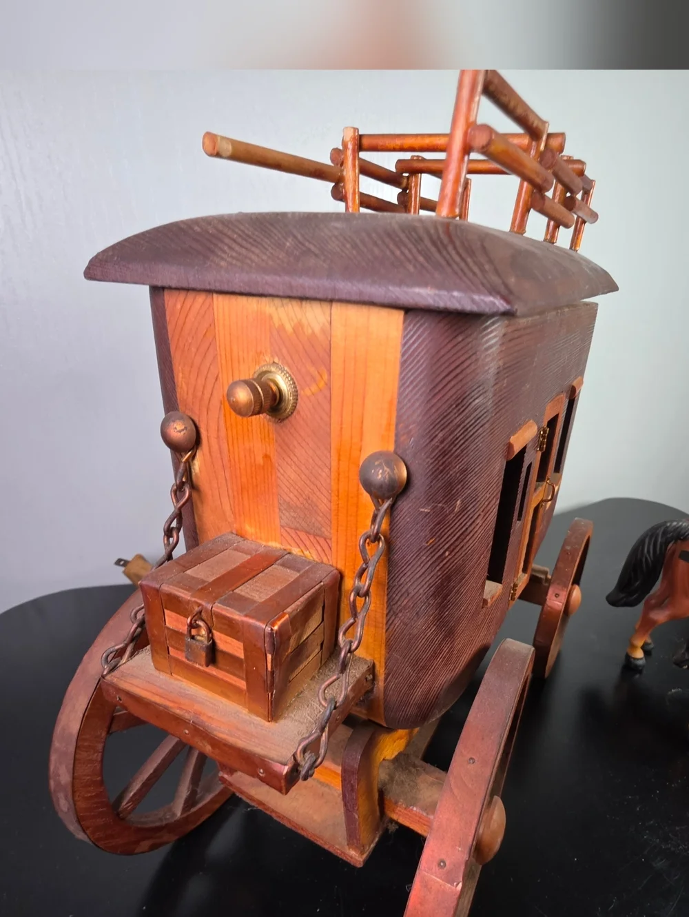 Wooden Stagecoach and Pair of Horses - Brown and Black